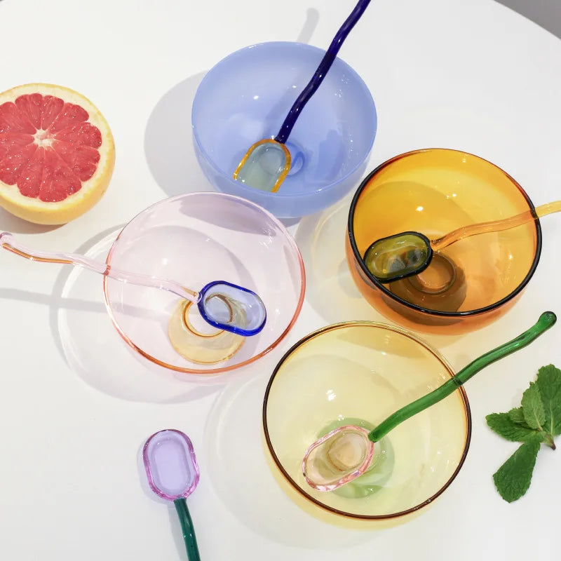 Rynx | Stained Glass Transparent Tapestry Bowls Spoon Set High Borosilicate Glass Bowl Fruit Salad Dessert Bowls Tableware