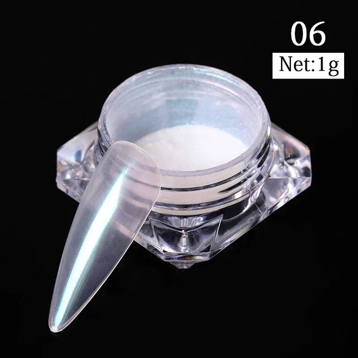 Rynx | Aurora Pearl White Nails Glitter Dust Chrome Gradient Rubbing on Powder Mirror Reflective Magnetic Pigment Nail Art Decorations