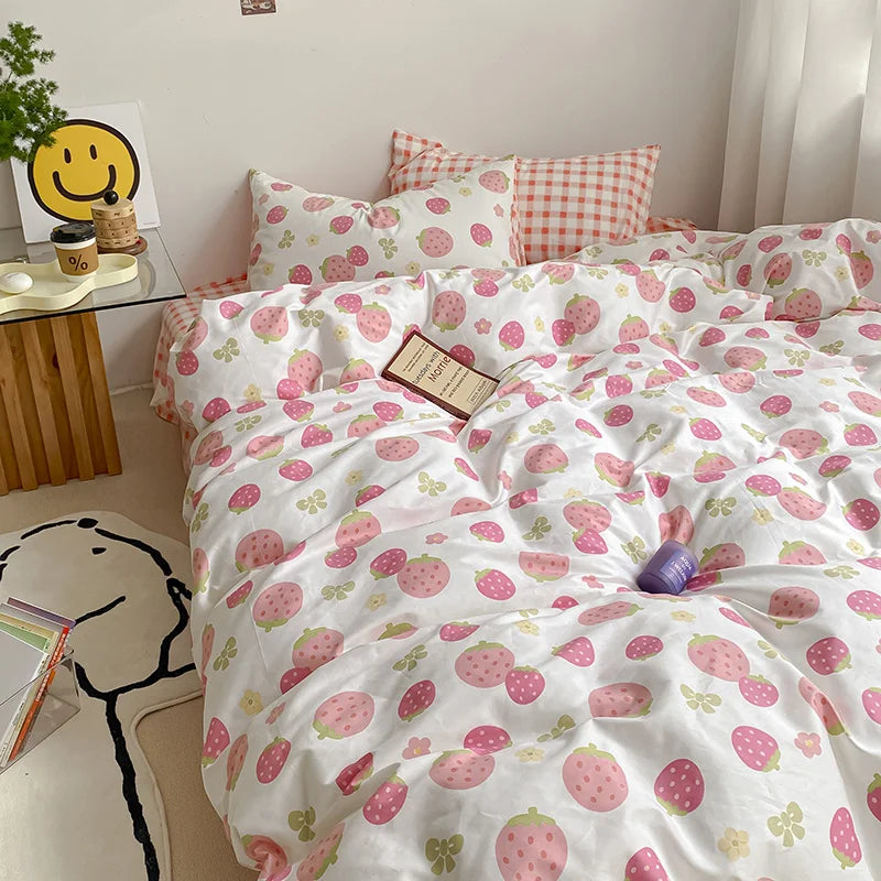 Rynx | Kawaii Pink Strawberry Duvet Cover Set without Filling Fashion Bedding Full Size Queen Size Luxury Home Textiles for Girls Bedding