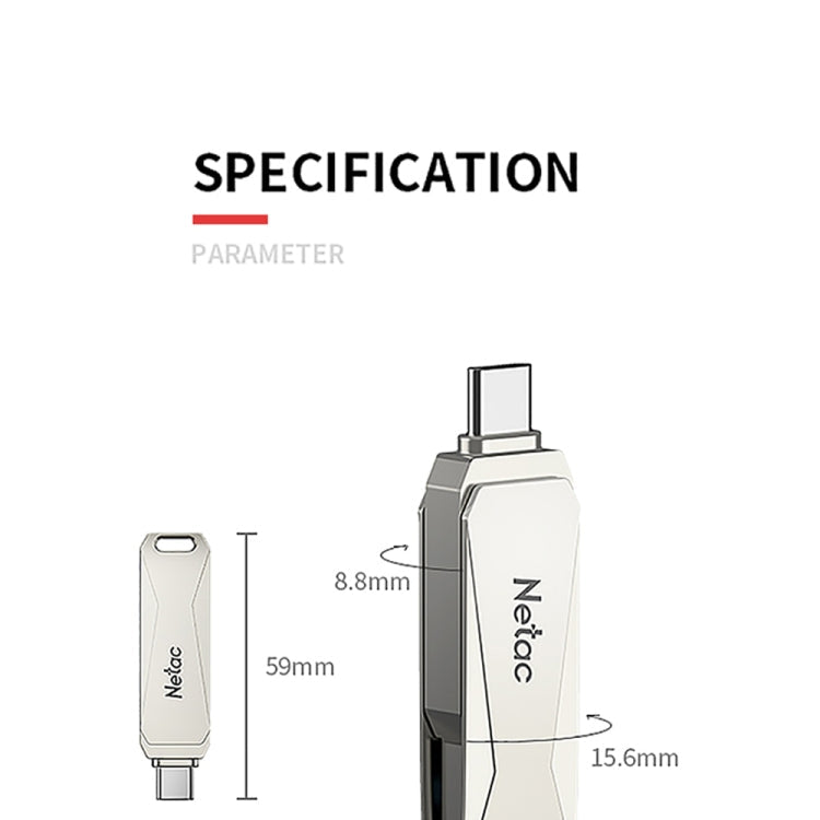 Lisslune | Netac U782C 128GB USB-C / Type-C + USB 3.0 360 Degree Rotation Zinc Alloy Flash Drive OTG U-Disk