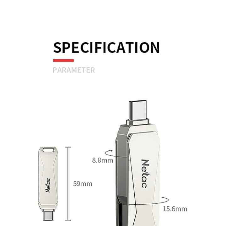 Lisslune | Netac U782C 128GB USB-C / Type-C + USB 3.0 360 Degree Rotation Zinc Alloy Flash Drive OTG U-Disk