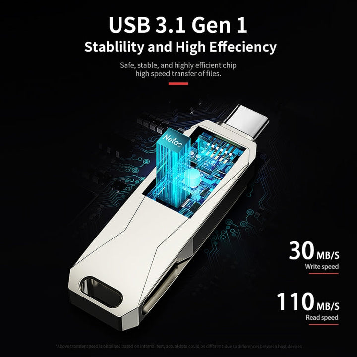 Lisslune | Netac U782C 128GB USB-C / Type-C + USB 3.0 360 Degree Rotation Zinc Alloy Flash Drive OTG U-Disk