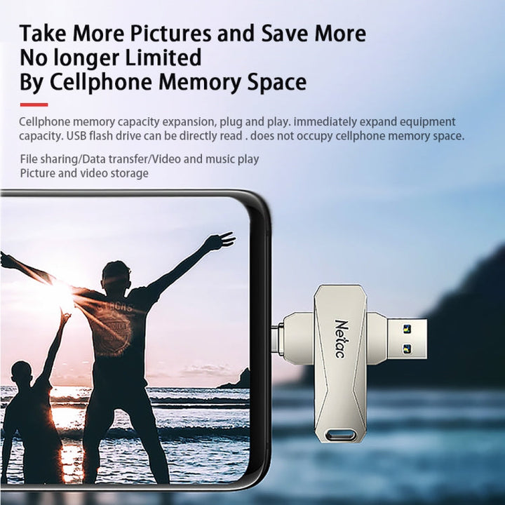 Lisslune | Netac U782C 128GB USB-C / Type-C + USB 3.0 360 Degree Rotation Zinc Alloy Flash Drive OTG U-Disk