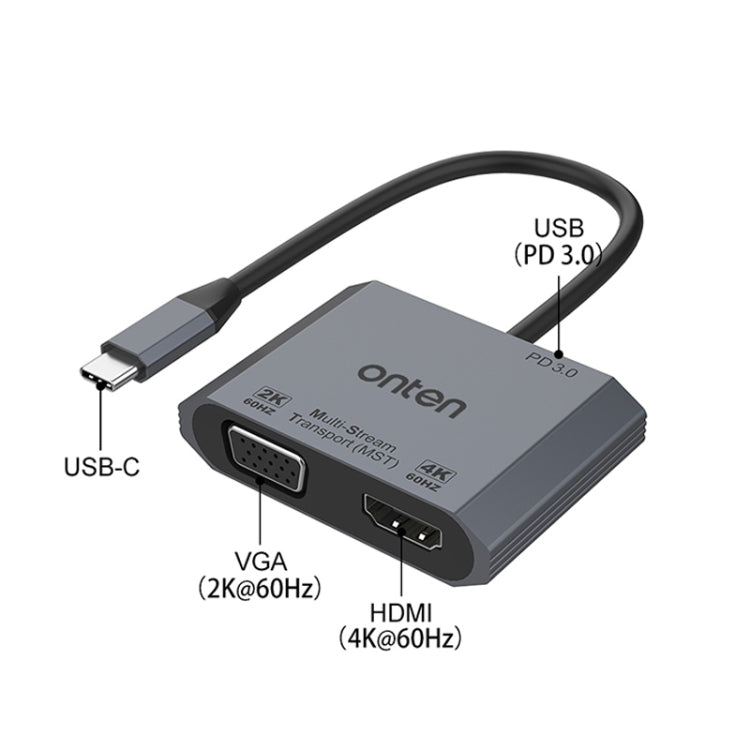 Lisslune | Onten M205 3 in 1 Type-C to HDMI+VGA+PD Fast Charge Video Converter (Gray)