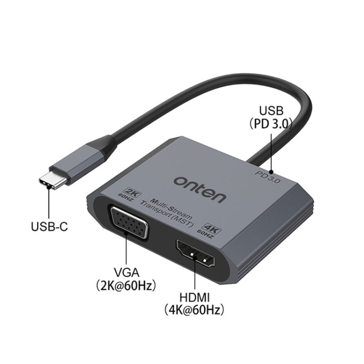 Lisslune | Onten M205 3 in 1 Type-C to HDMI+VGA+PD Fast Charge Video Converter (Gray)
