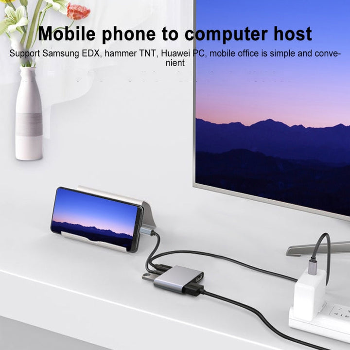 Lisslune | 4 in 1 multifunction USB-C / Type-C to PD-USB-C / Type-C + USB 3.0 + Dual HDMI HUB docking station (Gray)