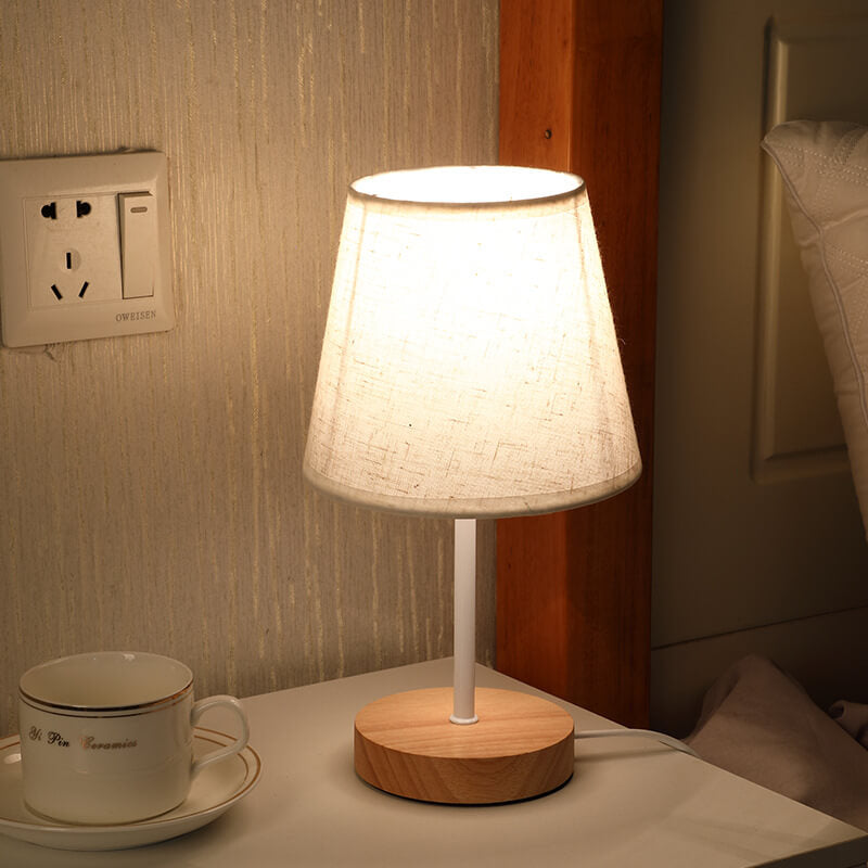 Lisslune | Nordic Vintage Fabric Cone Solid Wood LED Table Lamp