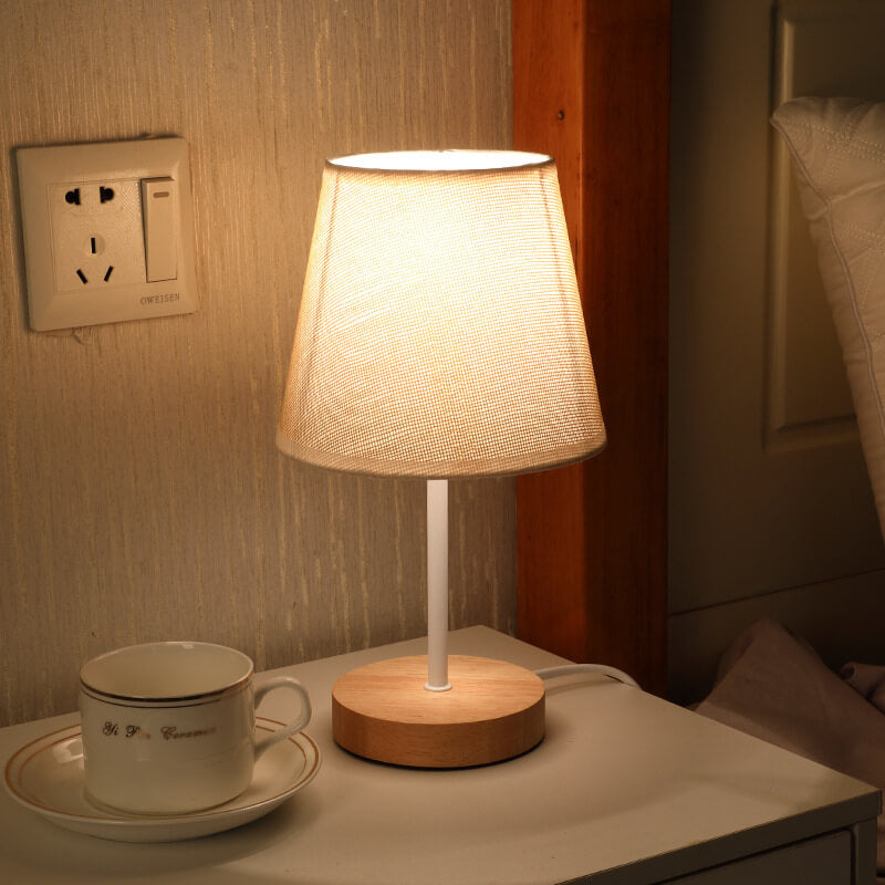 Lisslune | Nordic Vintage Fabric Cone Solid Wood LED Table Lamp