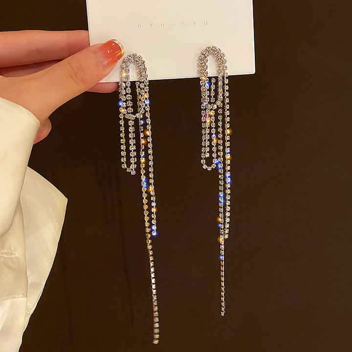 Lisslune | Synthetic-Diamond-Studded Metal Long Tassel Earrings for Women