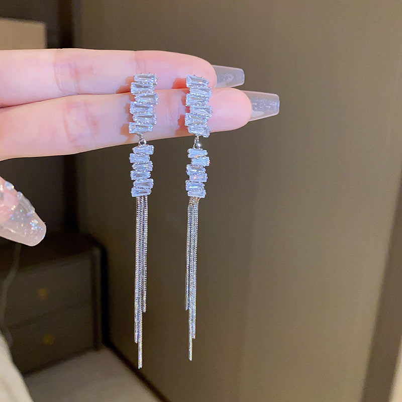 Lisslune | Synthetic-Diamond-Studded Metal Long Tassel Earrings for Women