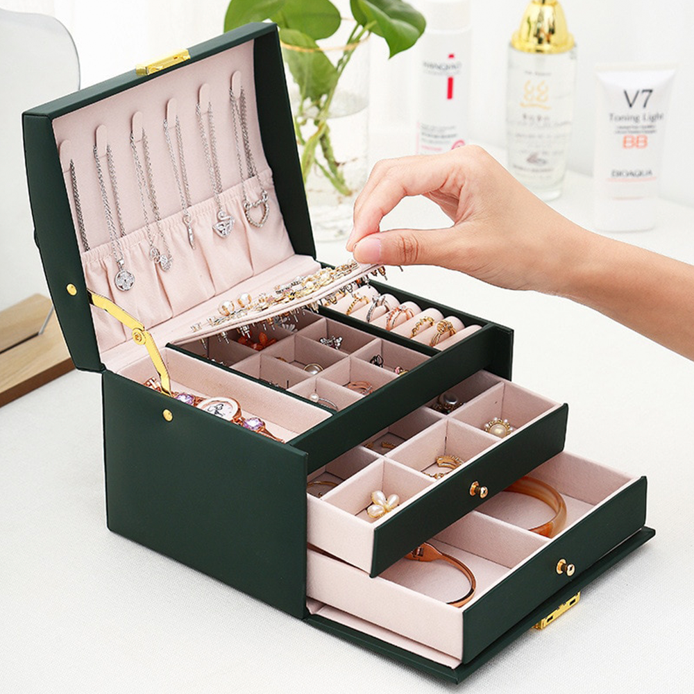 Lisslune | Large Jewelry Earing and Necklace Box Storage Holder Organizer for Women and Guys Case Stand with Drawers and Lock