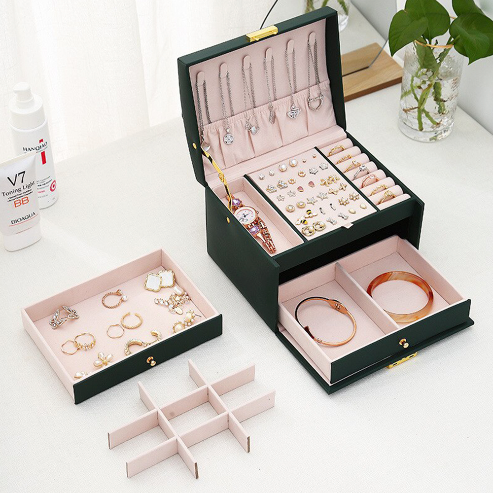 Lisslune | Large Jewelry Earing and Necklace Box Storage Holder Organizer for Women and Guys Case Stand with Drawers and Lock