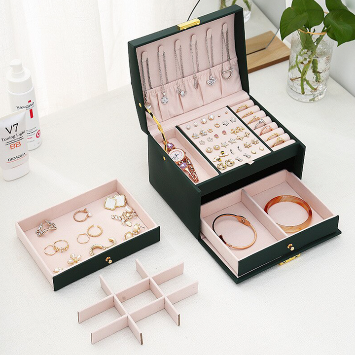 Lisslune | Large Jewelry Earing and Necklace Box Storage Holder Organizer for Women and Guys Case Stand with Drawers and Lock