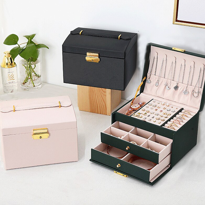 Lisslune | Large Jewelry Earing and Necklace Box Storage Holder Organizer for Women and Guys Case Stand with Drawers and Lock