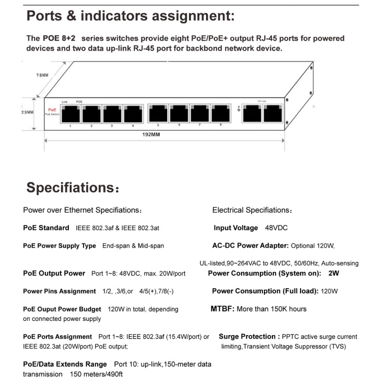 Lisslune | ESCAM POE 8+2 10-Port Fast Ethernet Switch 8-Port POE 10/100M 120W Network Switch, Transmission Distance: 150m(Blue)