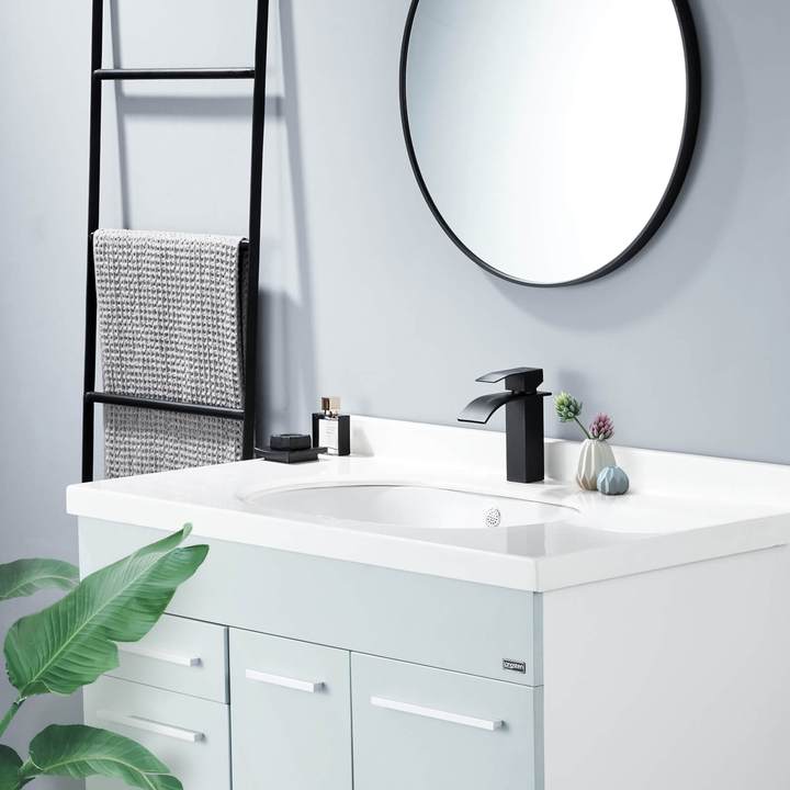 Lisslune | Waterfall Mixer Tap Black Copper Bathroom Faucet with Flat Spout for Low Sink and Hand Wash Basin