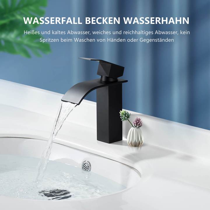 Lisslune | Waterfall Mixer Tap Black Copper Bathroom Faucet with Flat Spout for Low Sink and Hand Wash Basin