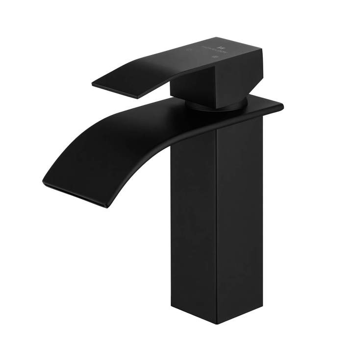 Lisslune | Waterfall Mixer Tap Black Copper Bathroom Faucet with Flat Spout for Low Sink and Hand Wash Basin