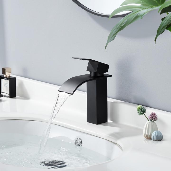 Lisslune | Waterfall Mixer Tap Black Copper Bathroom Faucet with Flat Spout for Low Sink and Hand Wash Basin