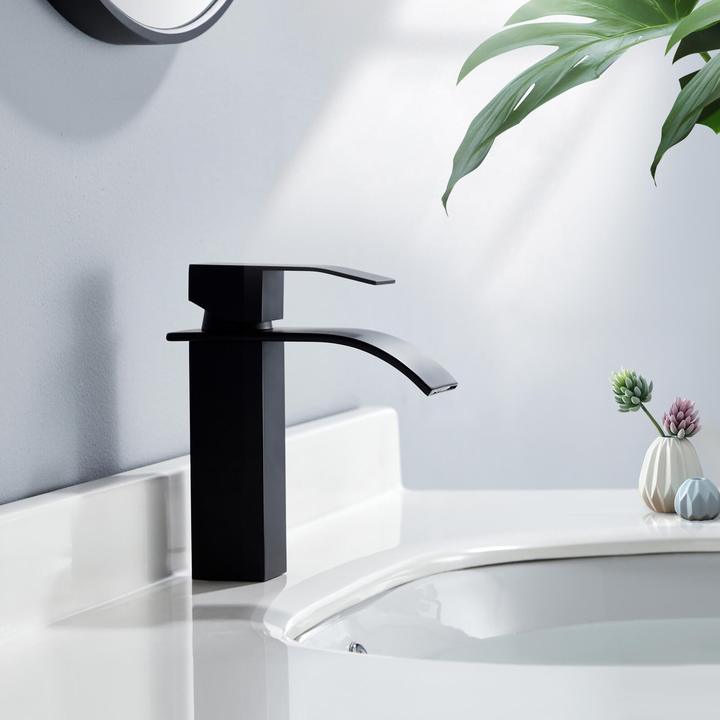 Lisslune | Waterfall Mixer Tap Black Copper Bathroom Faucet with Flat Spout for Low Sink and Hand Wash Basin
