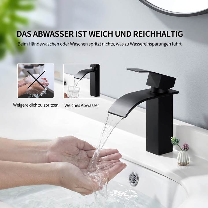 Lisslune | Waterfall Mixer Tap Black Copper Bathroom Faucet with Flat Spout for Low Sink and Hand Wash Basin