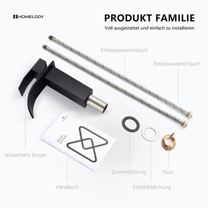 Lisslune | Waterfall Mixer Tap Black Copper Bathroom Faucet with Flat Spout for Low Sink and Hand Wash Basin