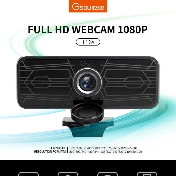 Lisslune | Gsou T16s 1080P HD Webcam with Cover Built-in Microphone for Online Courses Conference Video