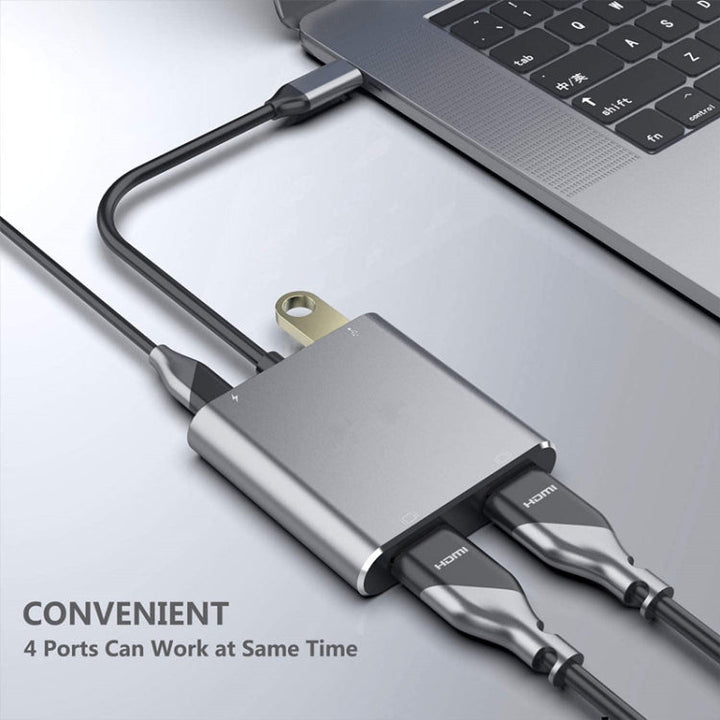 Lisslune | ZS-SG4T1HD2 4-in-1 Type-C to Dual HDMI + USB 3.0 Port + Type-C PD Charging Port Multifunctional HD Dock Adapter (Gray)