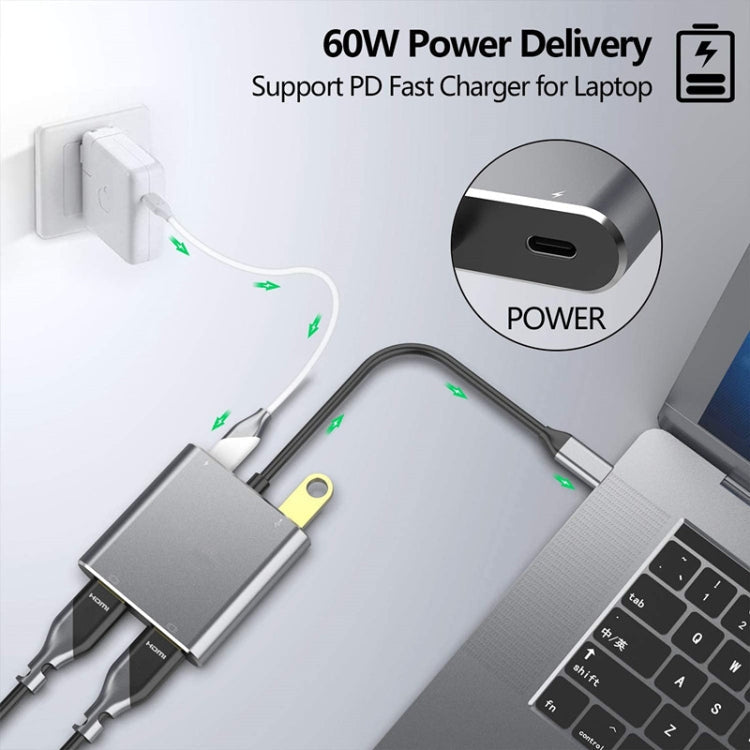 Lisslune | ZS-SG4T1HD2 4-in-1 Type-C to Dual HDMI + USB 3.0 Port + Type-C PD Charging Port Multifunctional HD Dock Adapter (Gray)