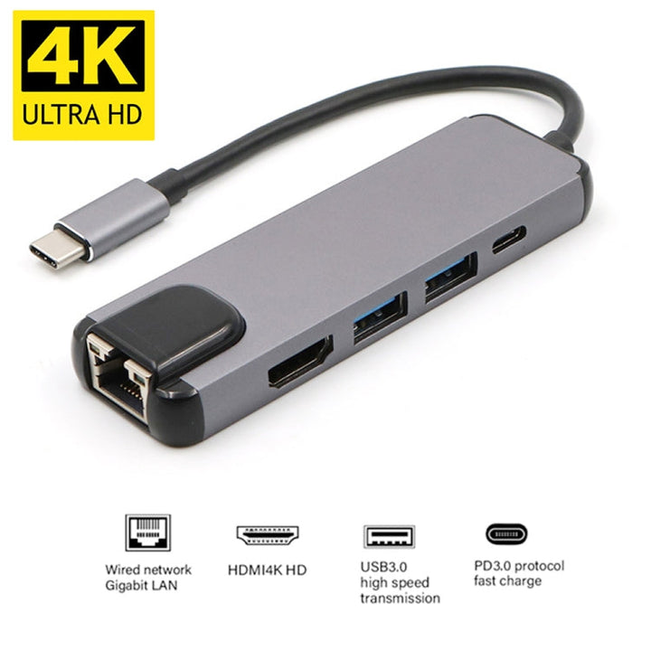 Lisslune | USB-C/Type-C to HD 4K HDMI + RJ45 + USB 3.0 + USB 2.0 + PD 5 in 1 HUB Converter