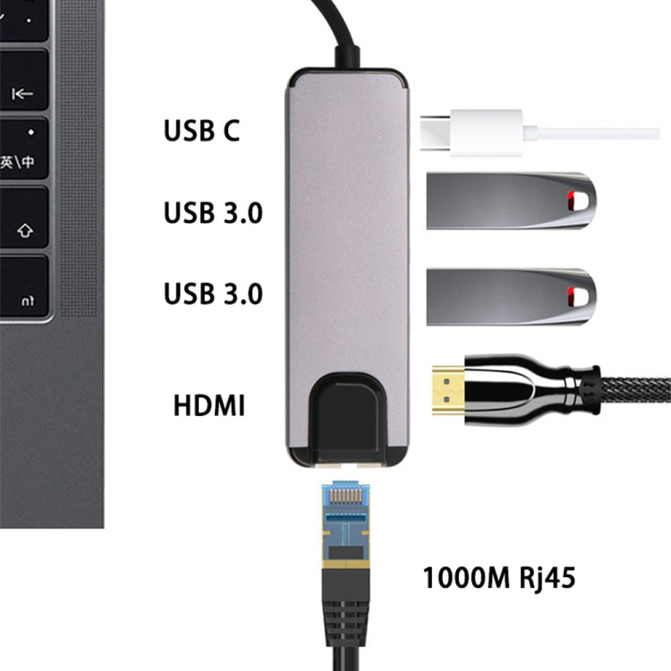 Lisslune | USB-C/Type-C to HD 4K HDMI + RJ45 + USB 3.0 + USB 2.0 + PD 5 in 1 HUB Converter