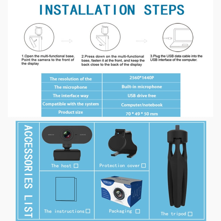 Lisslune | B1 4 million pixels 2K resolution HD 1080P 360-degree rotation webcam with microphone & tripod