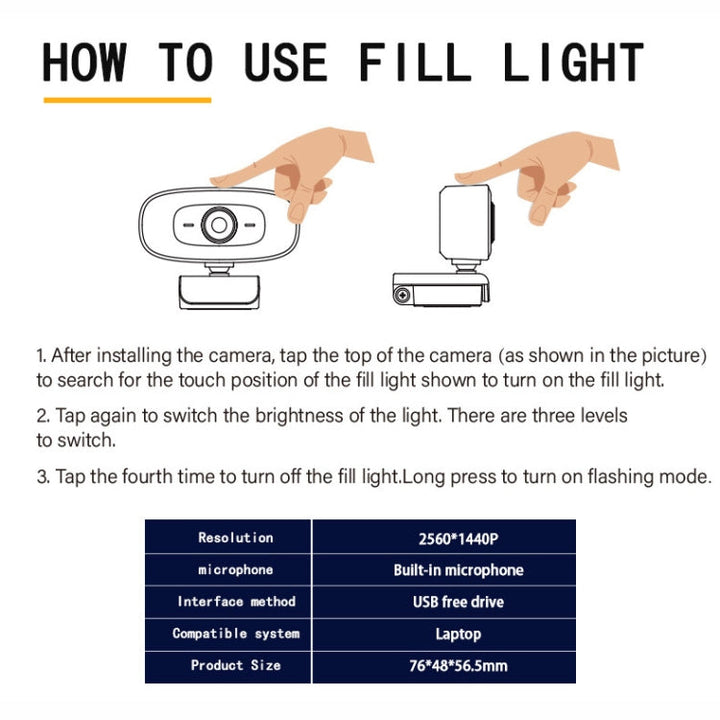 Lisslune | C10 2K HD Without Distortion 360 Degrees Rotatable Three-Speed Fill Light USB Free Drive Webcams, Built-in Clear Sound Microphone