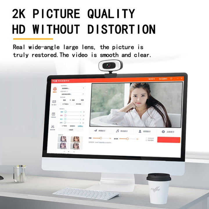 Lisslune | C10 2K HD Without Distortion 360 Degrees Rotatable Three-Speed Fill Light USB Free Drive Webcams, Built-in Clear Sound Microphone