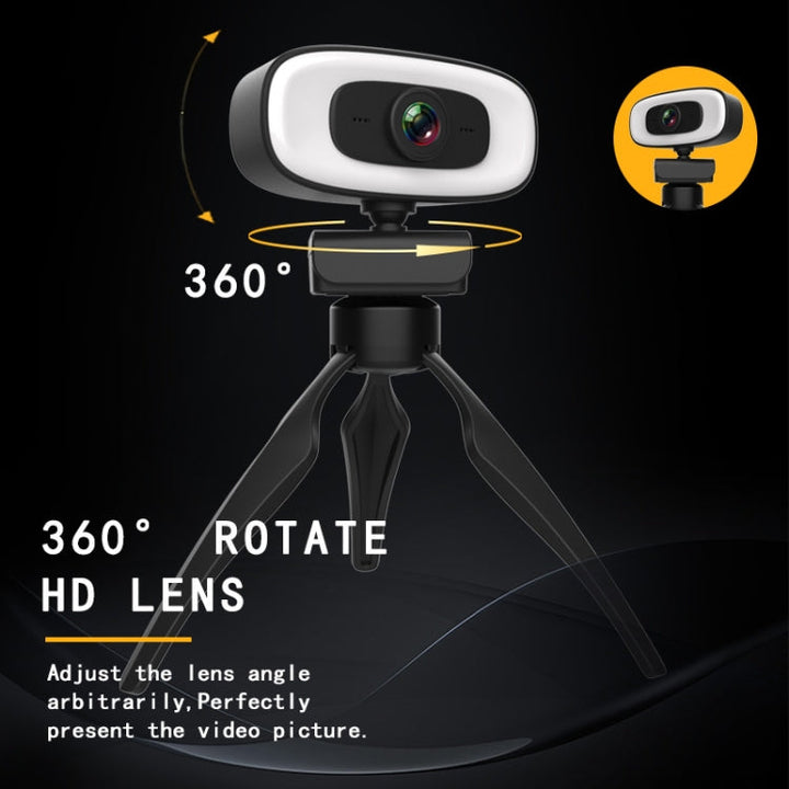 Lisslune | C10 2K HD Without Distortion 360 Degrees Rotatable Three-Speed Fill Light USB Free Drive Webcams, Built-in Clear Sound Microphone