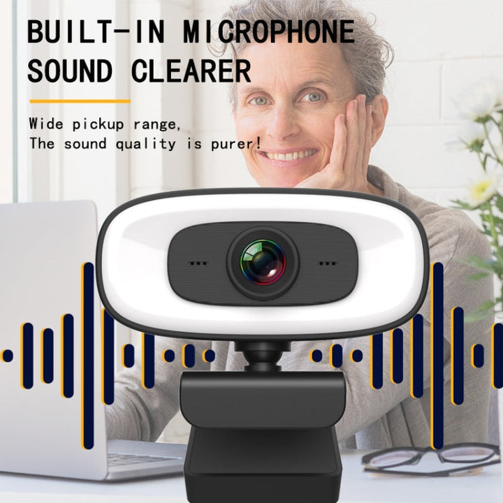 Lisslune | C10 2K HD Without Distortion 360 Degrees Rotatable Three-Speed Fill Light USB Free Drive Webcams, Built-in Clear Sound Microphone