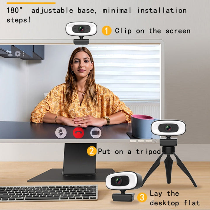 Lisslune | C10 2K HD Without Distortion 360 Degrees Rotatable Three-Speed Fill Light USB Free Drive Webcams, Built-in Clear Sound Microphone