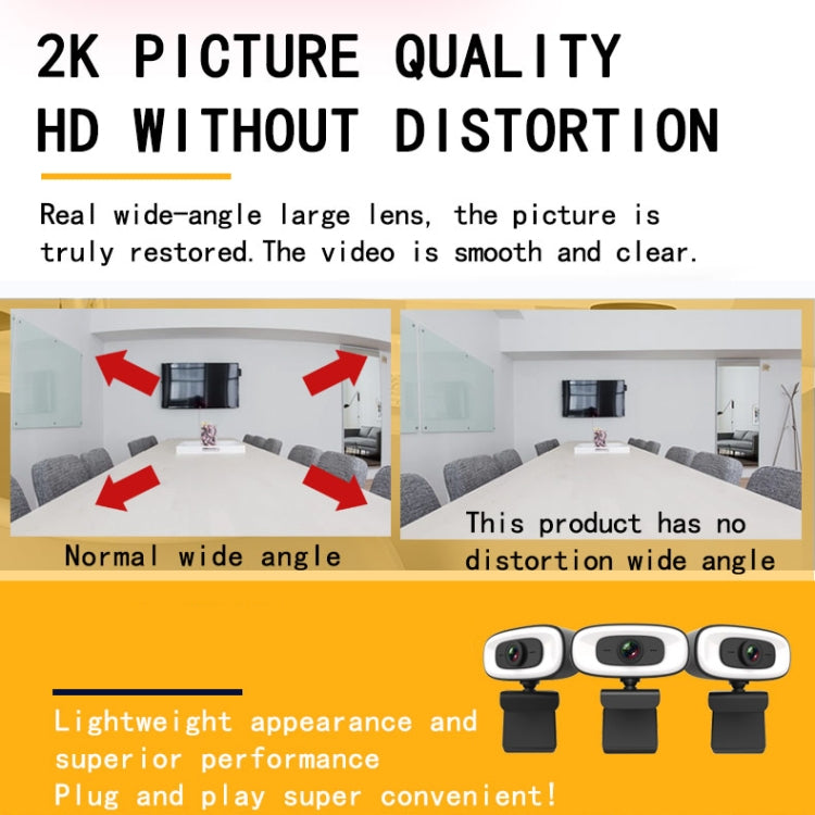 Lisslune | C10 2K HD Without Distortion 360 Degrees Rotatable Three-Speed Fill Light USB Free Drive Webcams, Built-in Clear Sound Microphone
