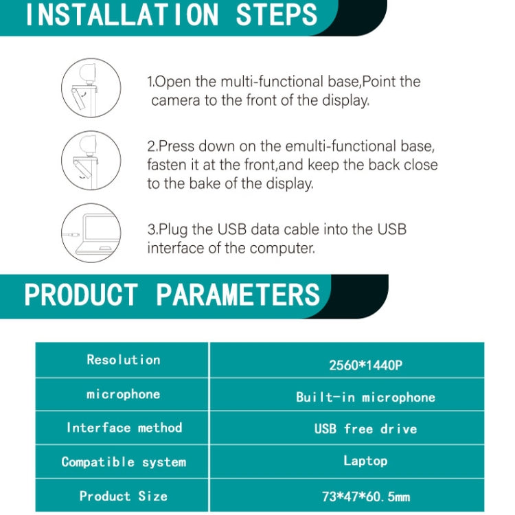 Lisslune | C11 2K Image Quality HD without Distortion 360 Degree Rotation Built-in Microphone Clear Sound Webcams with Tripod (Blue)