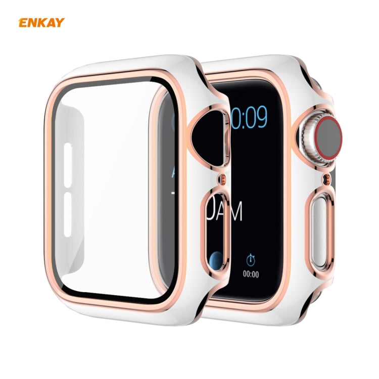 Lisslune | ENKAY Hat-Prince Full Protection Electroplated PC Case + Tempered Glass Protection for Apple Watch Series 6 / 5 / 4 / SE 44mm (White + Champagne)