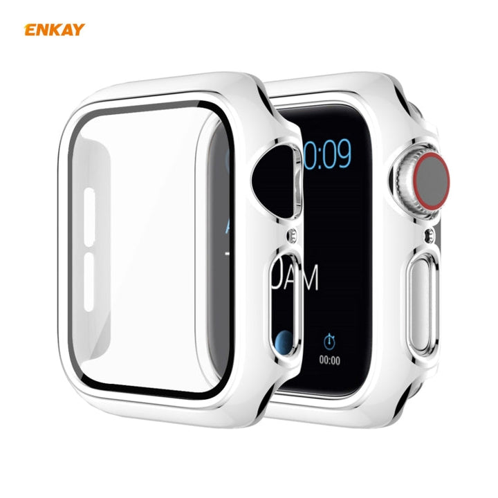 Lisslune | ENKAY Hat-Prince full range electroplated PC case + tempered glass protection for Apple Watch Series 6 / 5 / 4 / SE 44mm (White + Silver)