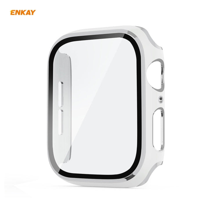 Lisslune | ENKAY Hat-Prince full range electroplated PC case + tempered glass protection for Apple Watch Series 6 / 5 / 4 / SE 44mm (White + Silver)