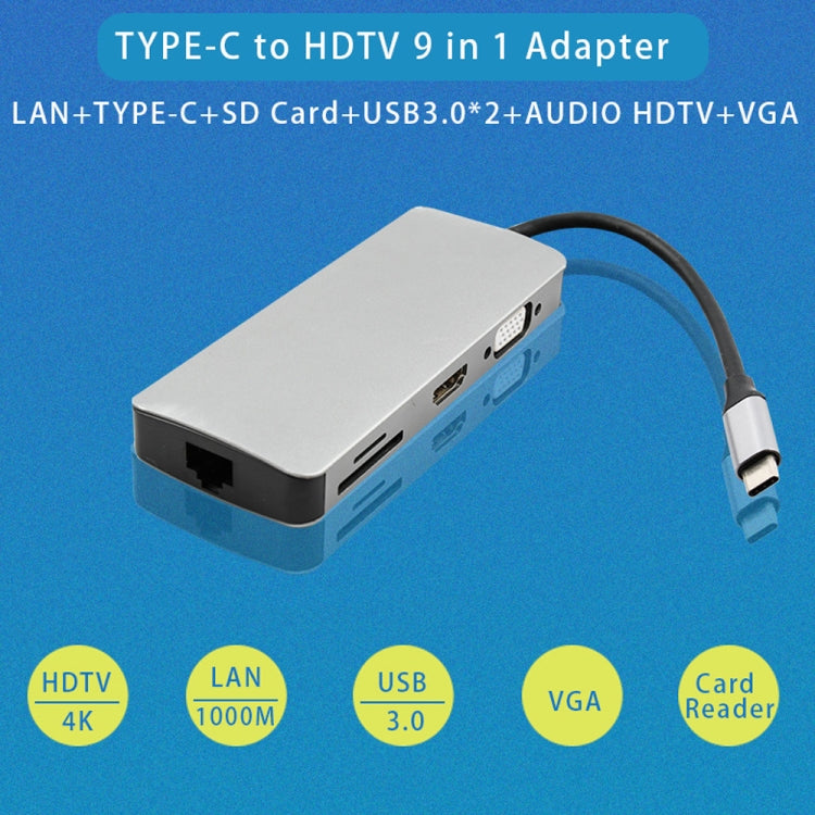Lisslune | WS-06 9 in 1 Type-C to RJ45 + VGA + PD + HDMI + SD + TF + Audio 3.5mm + 2 x USB3.0 HUB Adapter