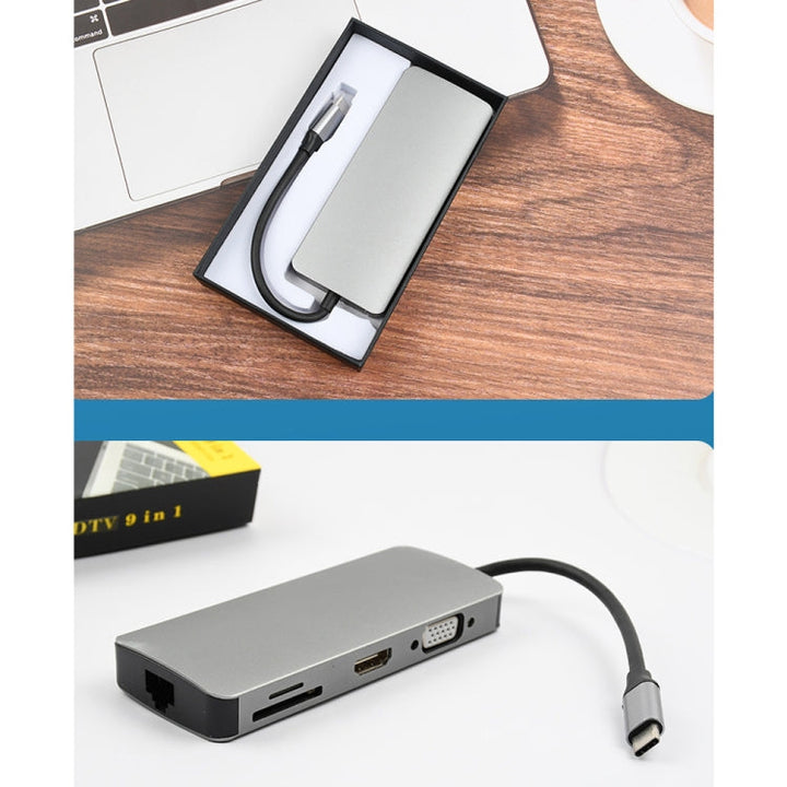 Lisslune | WS-06 9 in 1 Type-C to RJ45 + VGA + PD + HDMI + SD + TF + Audio 3.5mm + 2 x USB3.0 HUB Adapter