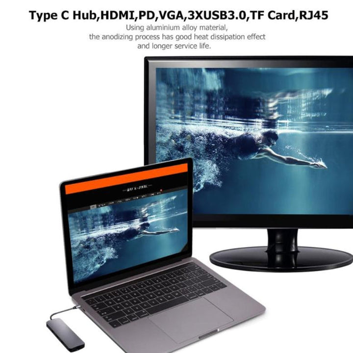 Lisslune | WS-11 8 in 1 Type-C to HDMI + VGA + SD + TF + RJ45 + PD + 2 x USB3.0 HUB Adapter Converter