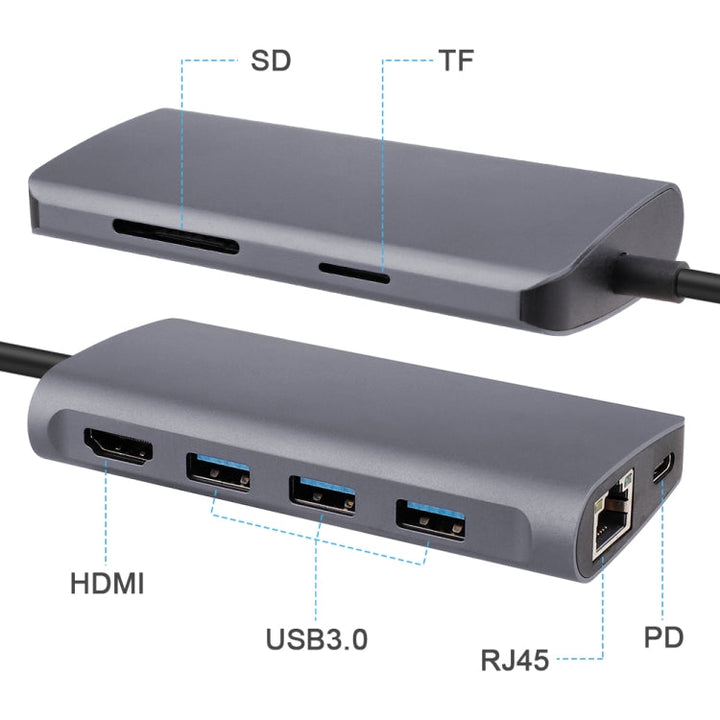 Lisslune | 8 in 1 Type-C to HDMI + USB 3.0 x 3 + RJ45 + PD + SD/TF Card Reader HUB Adapter