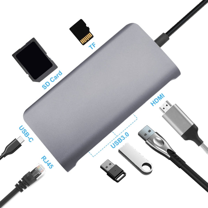 Lisslune | 8 in 1 Type-C to HDMI + USB 3.0 x 3 + RJ45 + PD + SD/TF Card Reader HUB Adapter
