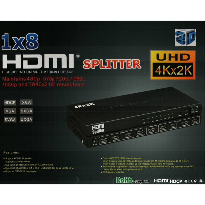 Lisslune | 1 x 8 4K x 2K 3840*2160/30HZ HDMI Splitter