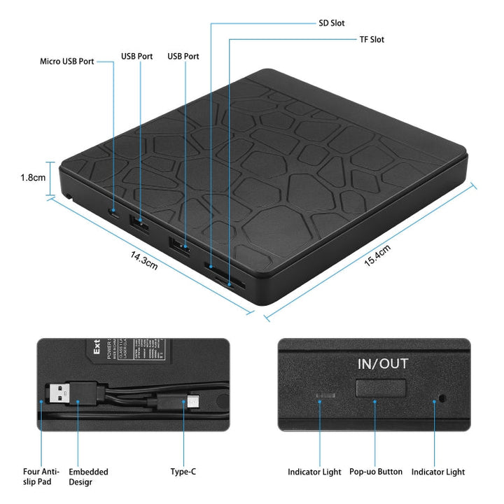 Lisslune | Multifunctional external DVD drive USB3.0 CD DVD +/-RW burner with SD slot