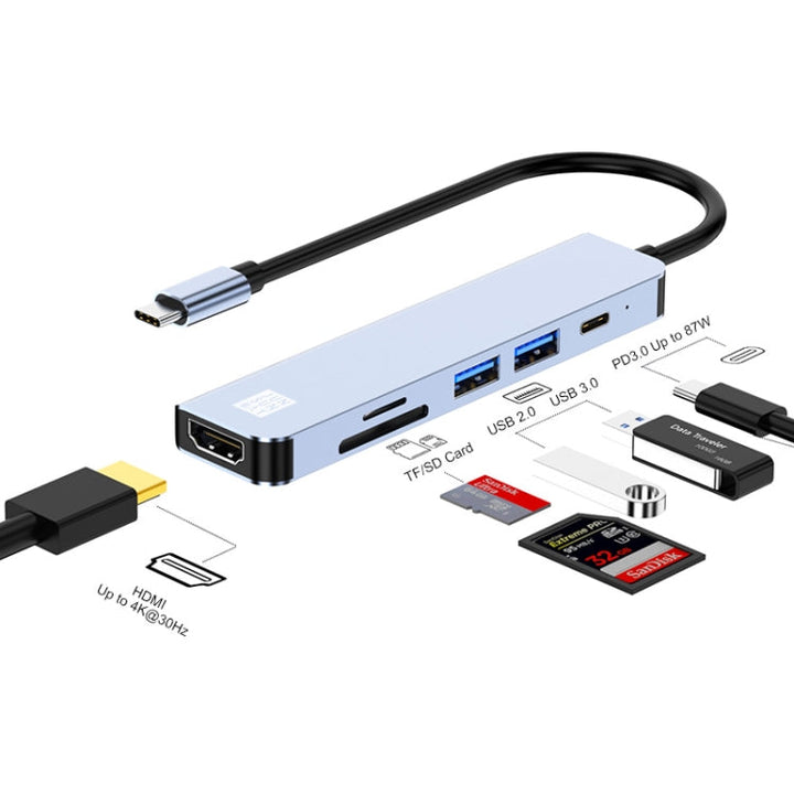 Lisslune | JUNSUNMAY 6 in 1 Type-C to 4K HDMI Docking Station Adapter USB-C PD Fast Charge Hub SD/TF Card Reader